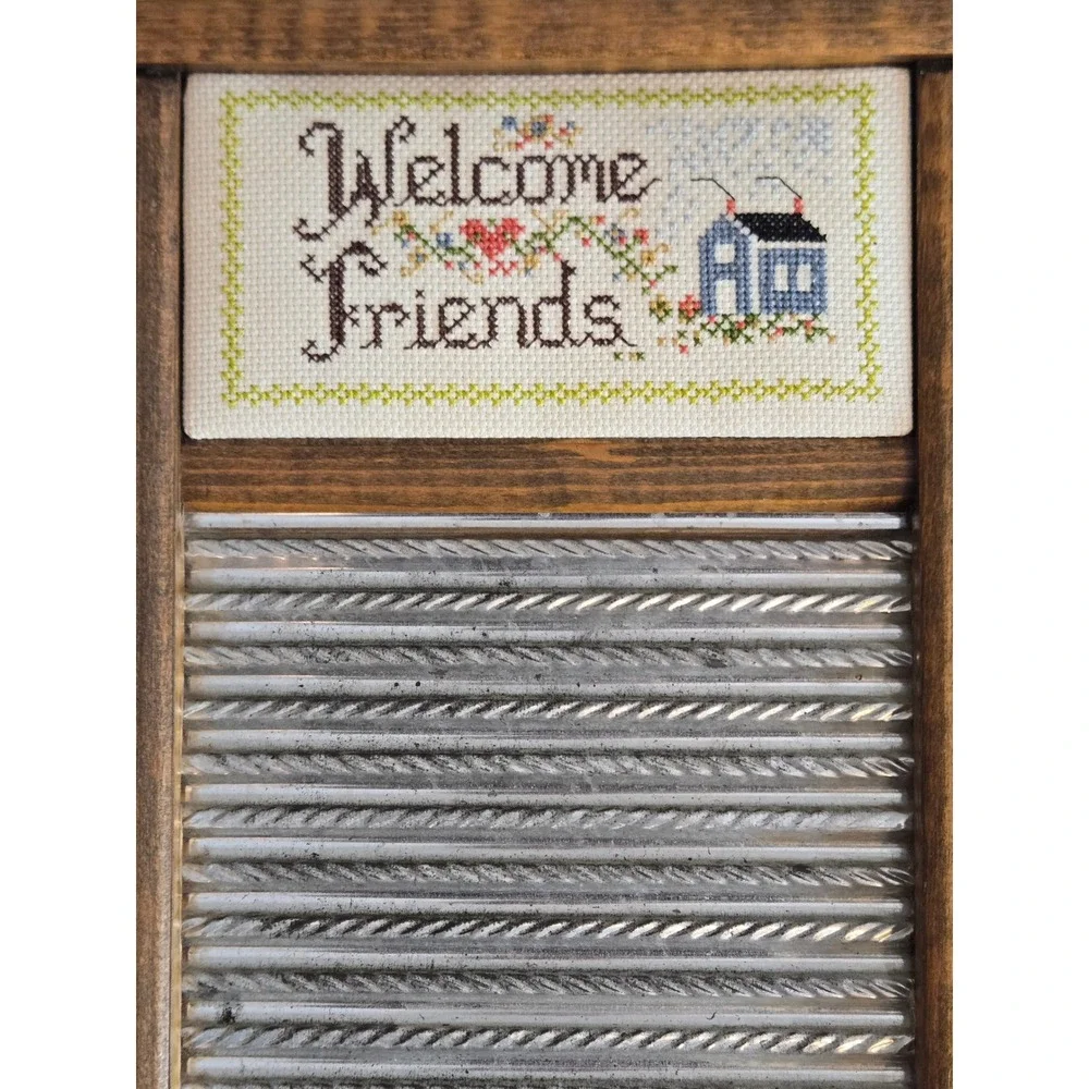 Vtg Columbus Washboard Co Welcome Friends Cross Stitch Wood Metal Cottagecore